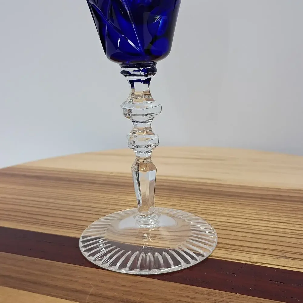 Bohemian Cut To Clear Crystal Wine Hock Cobalt Blue Etched